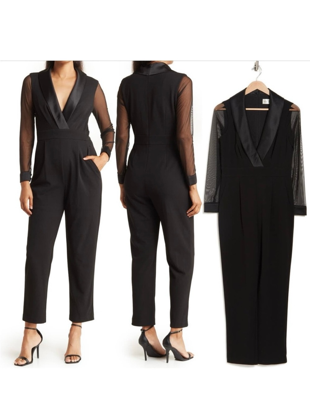 Eliza J Black Satin-Trim Mesh-Sleeve Tuxedo Jumpsuit NWT